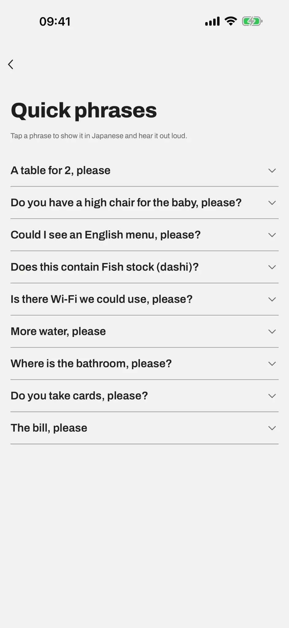 Real Tabelingo screenshot showing the quick phrases guide