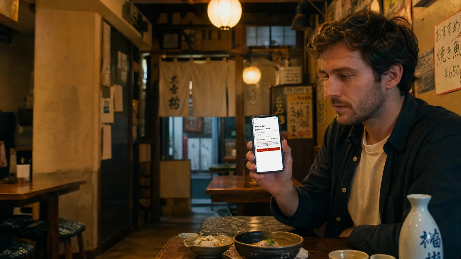 Western traveler exploring Tabelingo's digital menu in a local Japanese restaurant